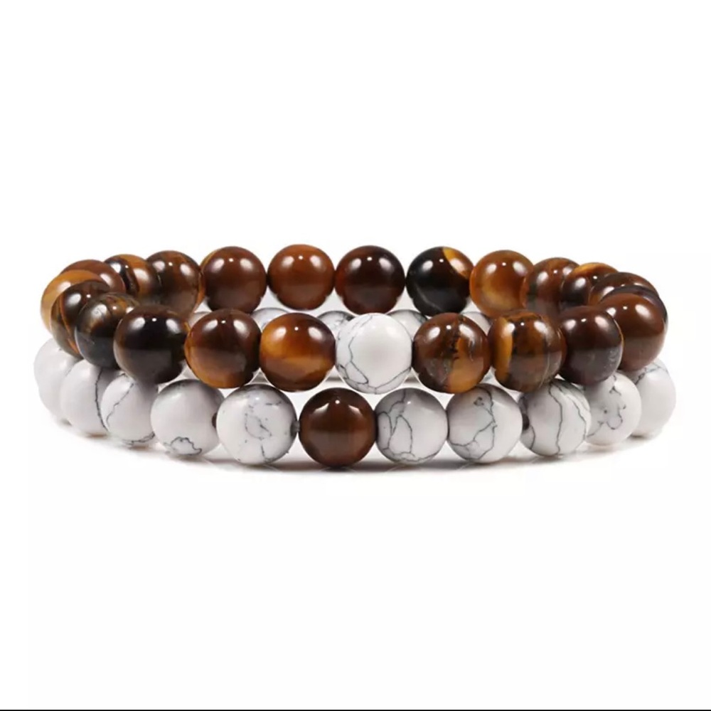 Set Tigers Eye bracelet white  Howlite beaded crystal bracelets (two)